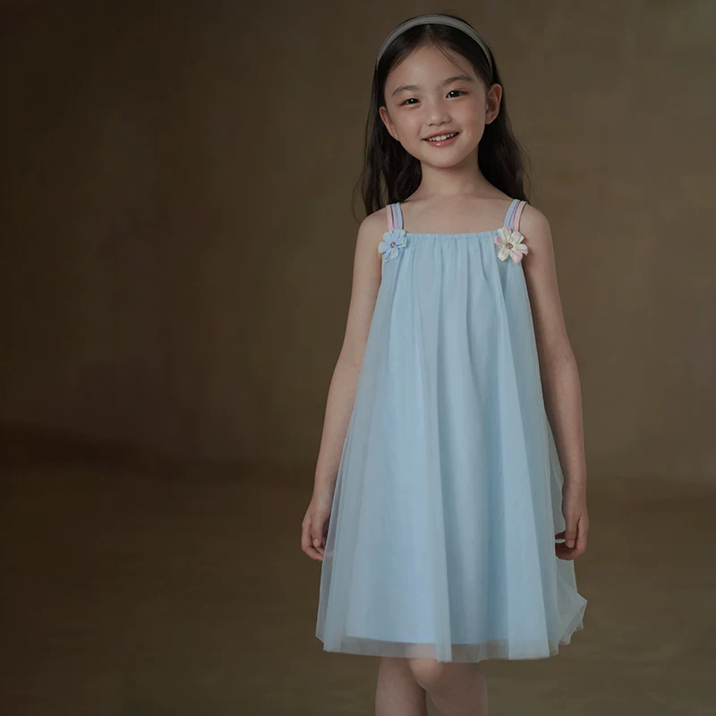 Quần áo trẻ em váy mùa hè váy vải tuyn màu xanh như cổ tích váy có dây đeo cho bé gái váy cơ bản cho bé gái dài vừa phải