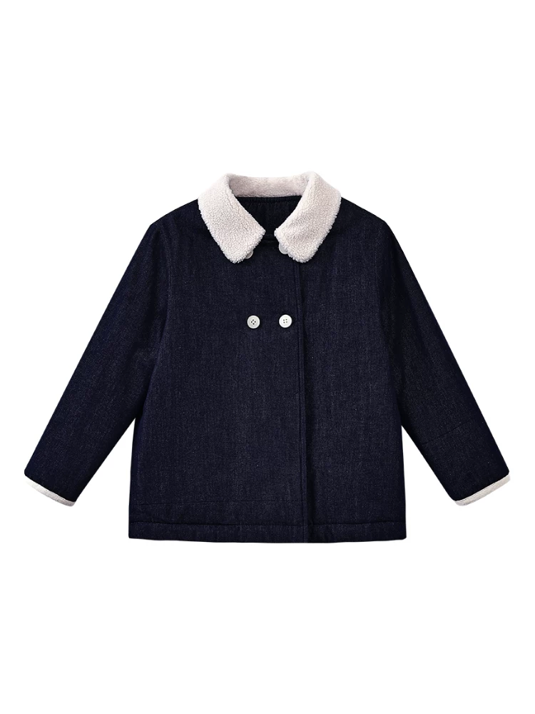 Quần áo trẻ em Áo khoác denim thu đông cho bé trai và bé gái, áo khoác cotton mỏng có cổ lông cừu giả, thiết kế đơn giản.