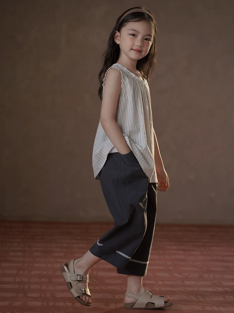 Quần áo trẻ em mùa hè Áo ba lỗ sọc phong cách Hàn Quốc cho bé gái Áo sơ mi không tay Áo lót bé gái cotton nguyên chất thân thiện với làn da