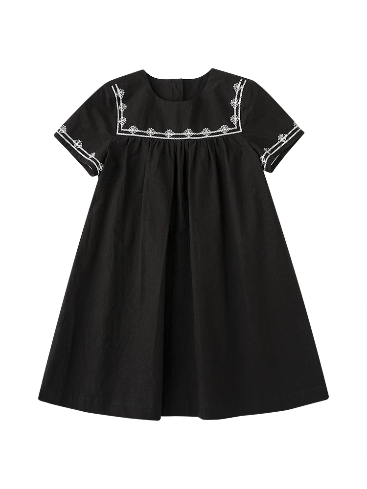 Quần áo trẻ em Ha Chi 25 Bộ sưu tập mới mùa hè Thêu nặng bằng cotton chải kỹ Phong cách cha mẹ và con cái Váy xếp ly chữ A tay ngắn cho bé gái