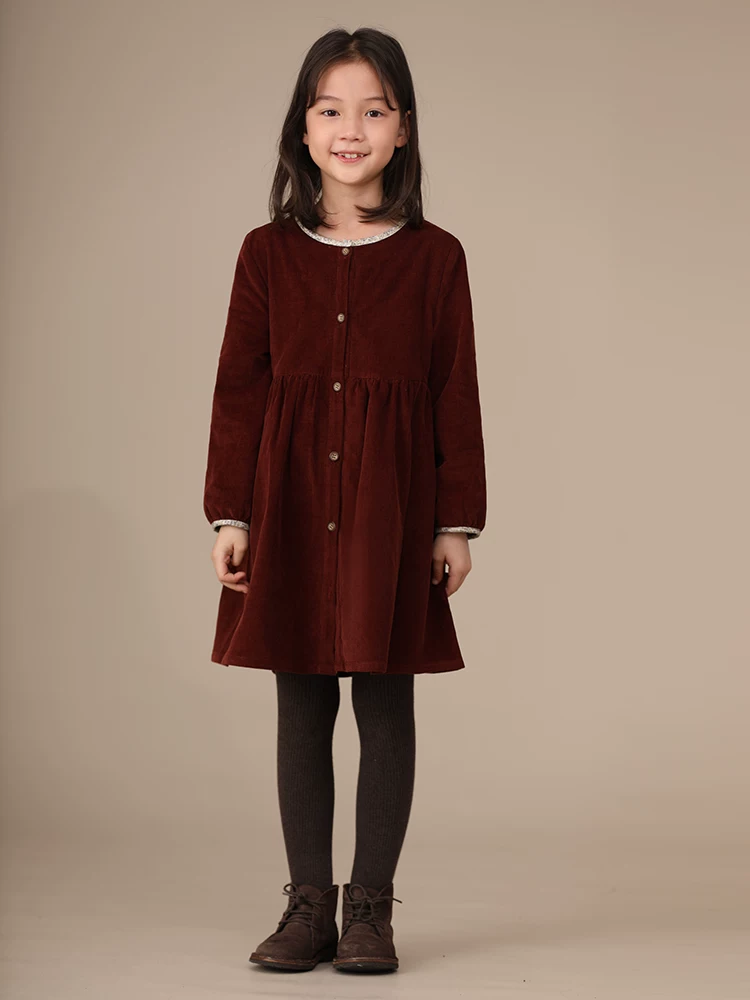 Quần áo trẻ em mùa thu đông váy bé gái cổ tròn cotton nguyên chất vải nhung lót lông cừu trẻ em dài tay đầm dày