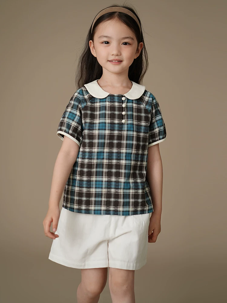 Quần áo trẻ em mùa hè áo sơ mi kẻ sọc màu khối cổ điển áo sơ mi ngắn tay giản dị kiểu cổ điển áo sơ mi búp bê dành cho bé gái dành cho trẻ lớn hơn