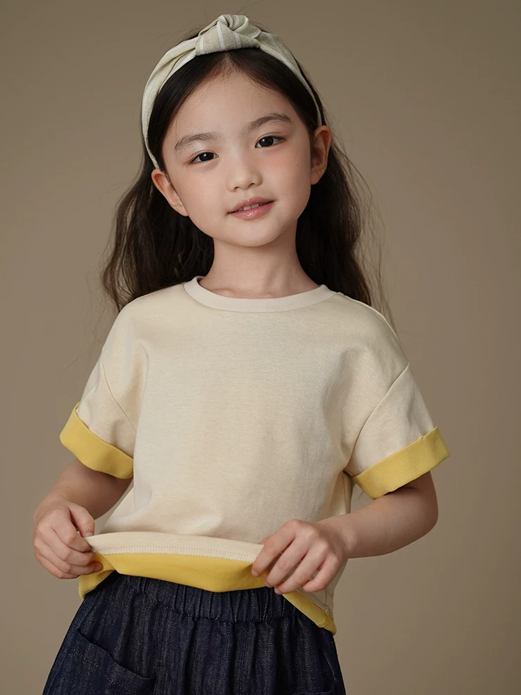 Áo thun ngắn tay mỏng mùa hè cho bé trai và bé gái, áo dệt kim, trang phục mùa hè màu mơ đơn giản cho trẻ lớn.