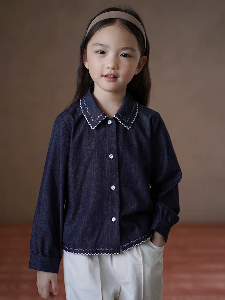Quần áo trẻ em xuân thu áo sơ mi phối màu thêu áo sơ mi bò bé gái trang phục mùa thu cho trẻ lớn hơn 25 kiểu mới