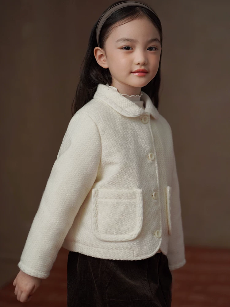 Quần áo trẻ em cho mùa thu đông, áo khoác cotton ngắn cho trẻ em, kiểu dáng thời trang và đơn giản, áo khoác kiểu Chanel cho bé gái, áo blazer màu be cho bé gái.
