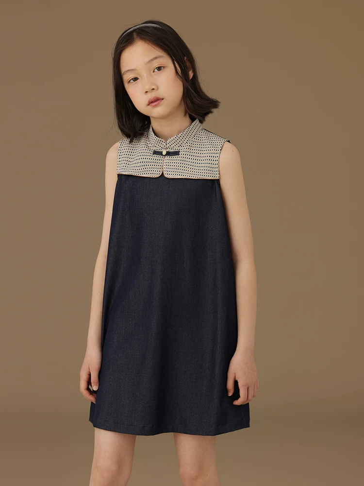 Quần áo trẻ em mùa hè theo phong cách Trung Hoa, váy kiểu Trung Hoa mới dành cho bé gái, váy denim phối vải rộng rãi và thoải mái mang lại cảm giác cao cấp.