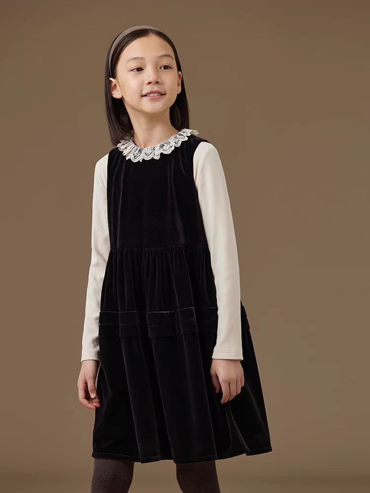 Váy liền thân mùa đông kiểu Hepburn Pháp, váy đen nhỏ xinh cho bé gái, váy nhung không tay cho bé gái