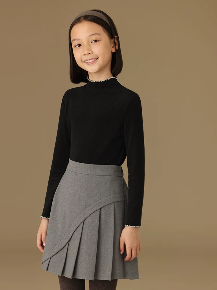 Quần áo trẻ em cho mùa thu đông, áo lót ren thêu co giãn thân thiện với da, cổ cao nửa cổ màu đen dành cho bé gái.