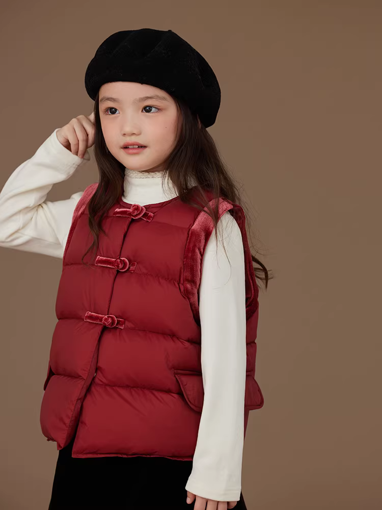 Áo khoác phao dày dặn ấm áp màu đỏ kiểu Trung Quốc mới dành cho bé gái, thời trang mùa đông 2024 mẫu mới