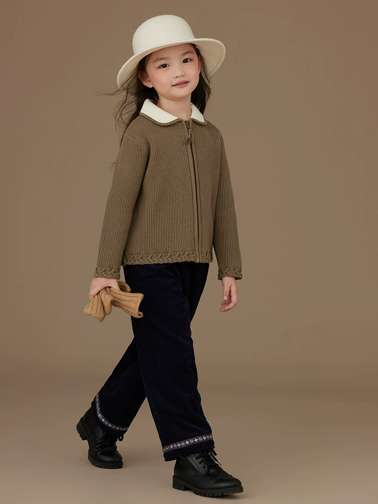 Quần áo trẻ em mùa thu đông Áo len cardigan trẻ em màu xanh lá cây có gân áo thường ngày Áo khoác dệt kim cho bé gái đơn giản và cao cấp