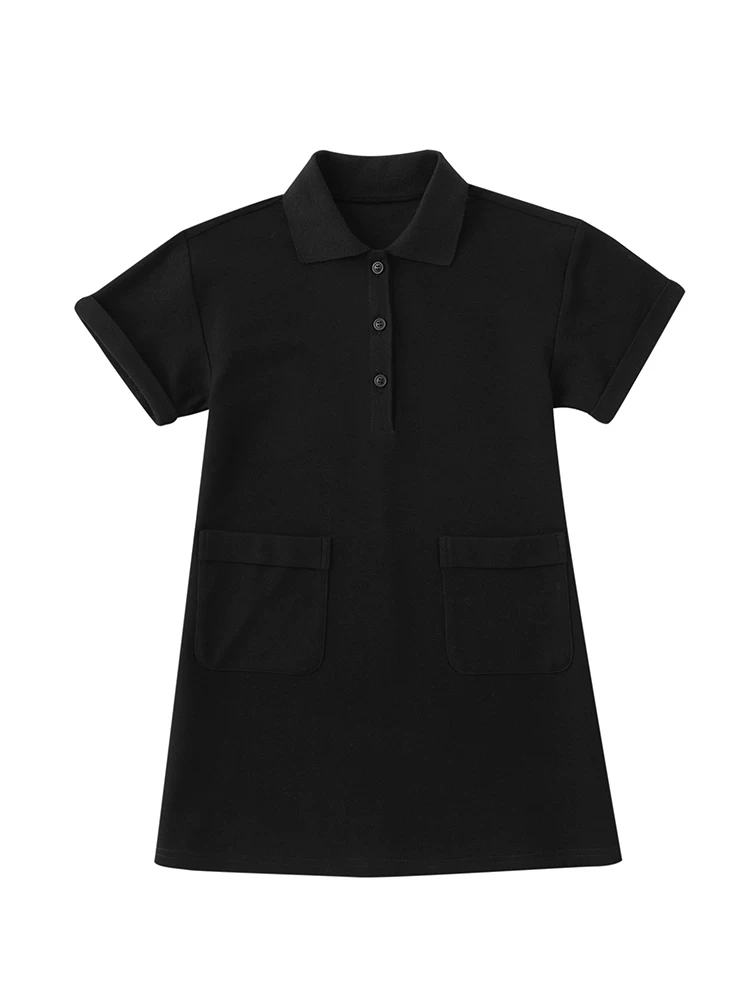 Váy POLO mùa hè cho bé gái, phong cách preppy, váy mùa hè ngắn tay có cổ, váy thẳng có túi lớn cho trẻ em