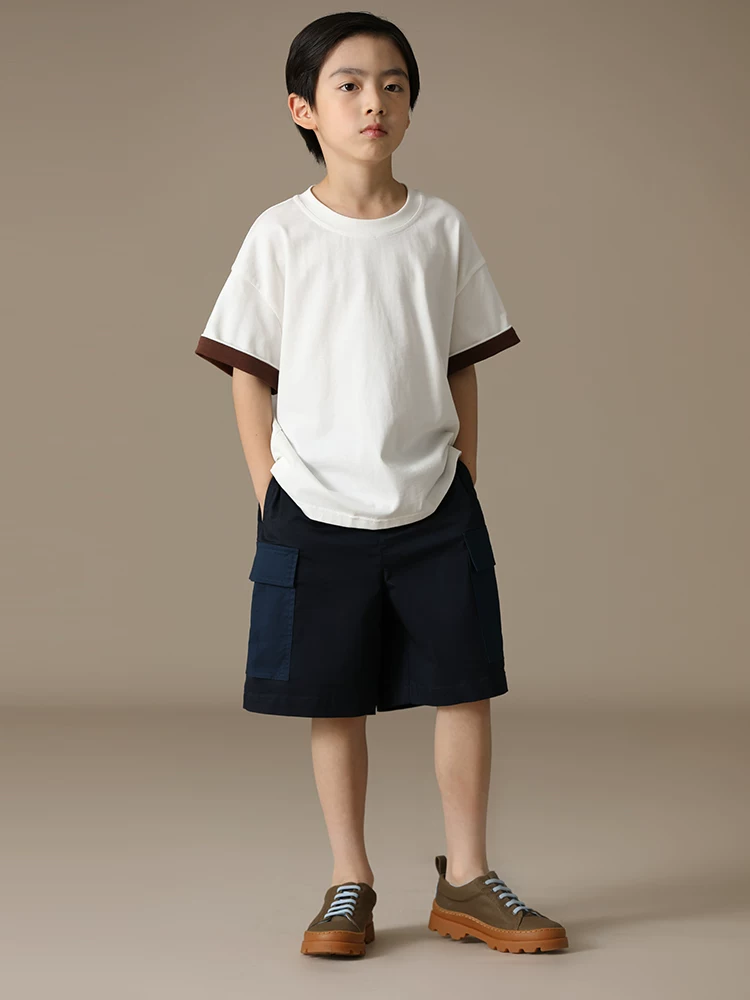 Quần short đa năng mùa hè dành cho trẻ em, quần short năm điểm chất liệu cotton rộng rãi màu xanh hải quân thân thiện với làn da, áo khoác ngoài thông thường dành cho cha mẹ và con cái