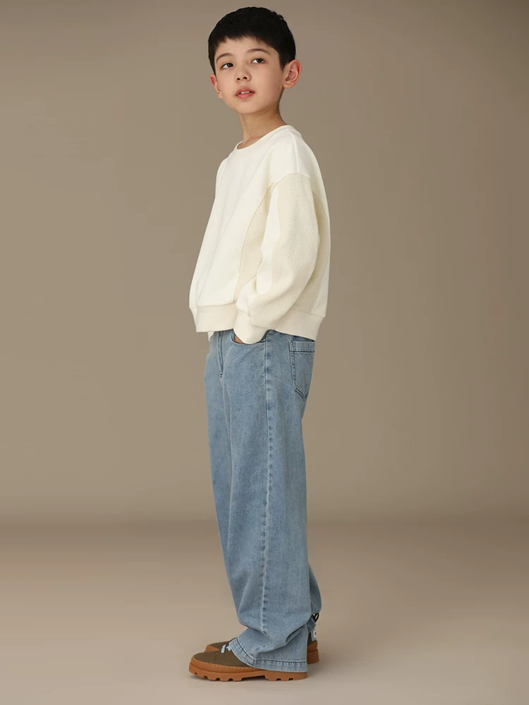 Quần áo trẻ em xuân thu unisex dáng ôm thẳng rộng dài chấm đất chất liệu mềm mại quần jeans ống rộng cho bé trai và bé gái