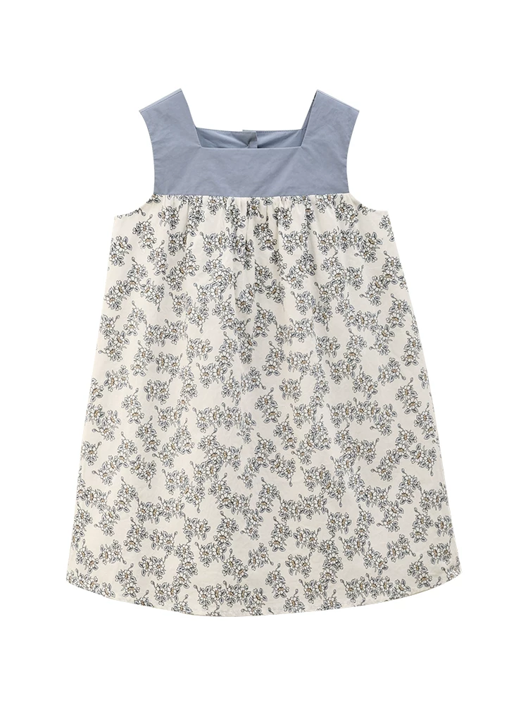 Quần áo trẻ em mùa hè váy trẻ em chất liệu cotton cổ vuông màu xanh váy liền thân họa tiết hoa váy dài cho bé gái