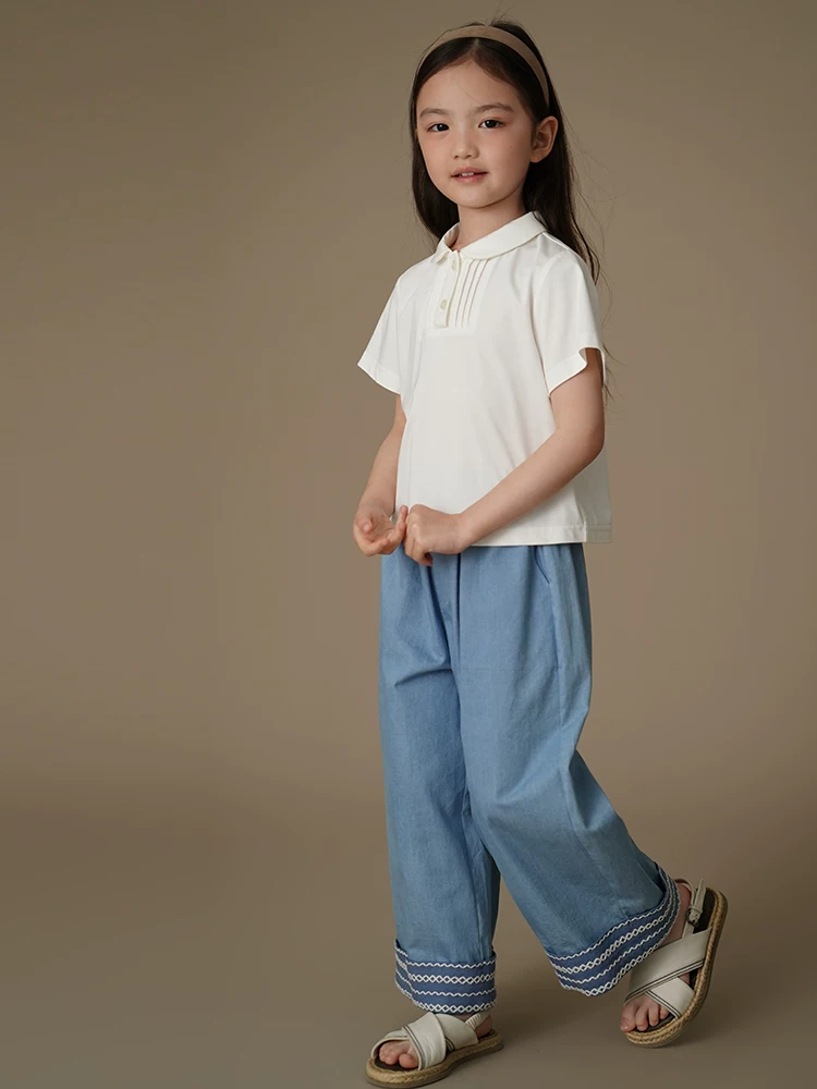 Quần dài mùa hè thường ngày cho bé gái, quần jean denim thiết kế đơn giản, quần chống muỗi cho trẻ lớn hơn, chất liệu cotton nguyên chất.