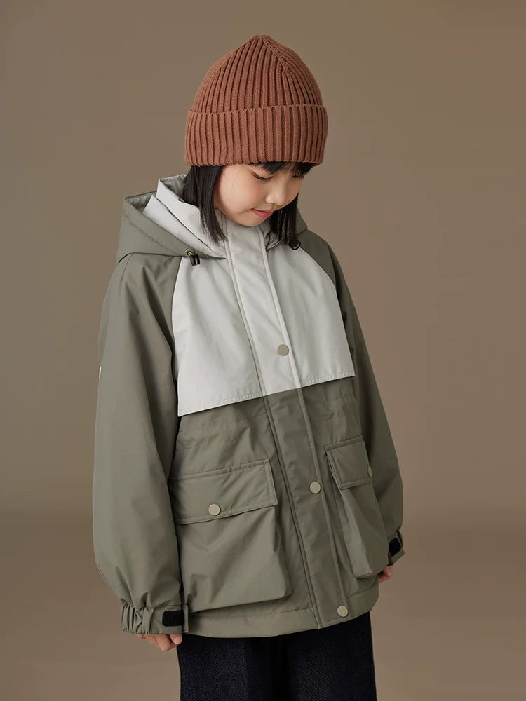 Áo khoác cotton màu xanh quân đội dành cho trẻ em, dày dặn và ấm áp, áo khoác ba lớp chống thấm ngoài trời cho bé trai và bé gái mùa thu đông