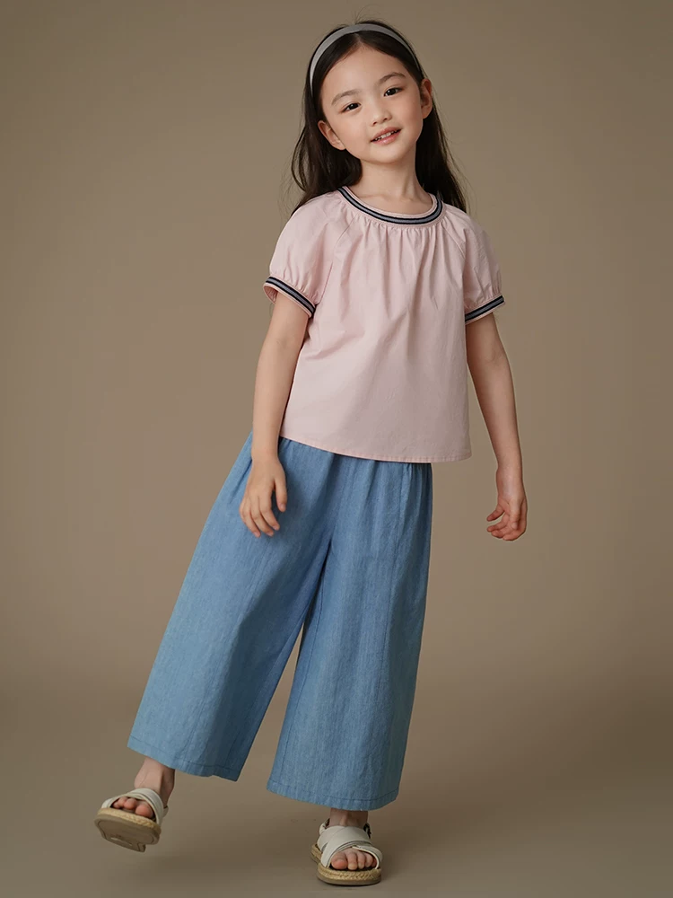 Quần dài ống đứng mùa hè chất liệu cotton mềm mại cho bé gái, quần jeans trẻ em, quần dài rộng rãi thoải mái