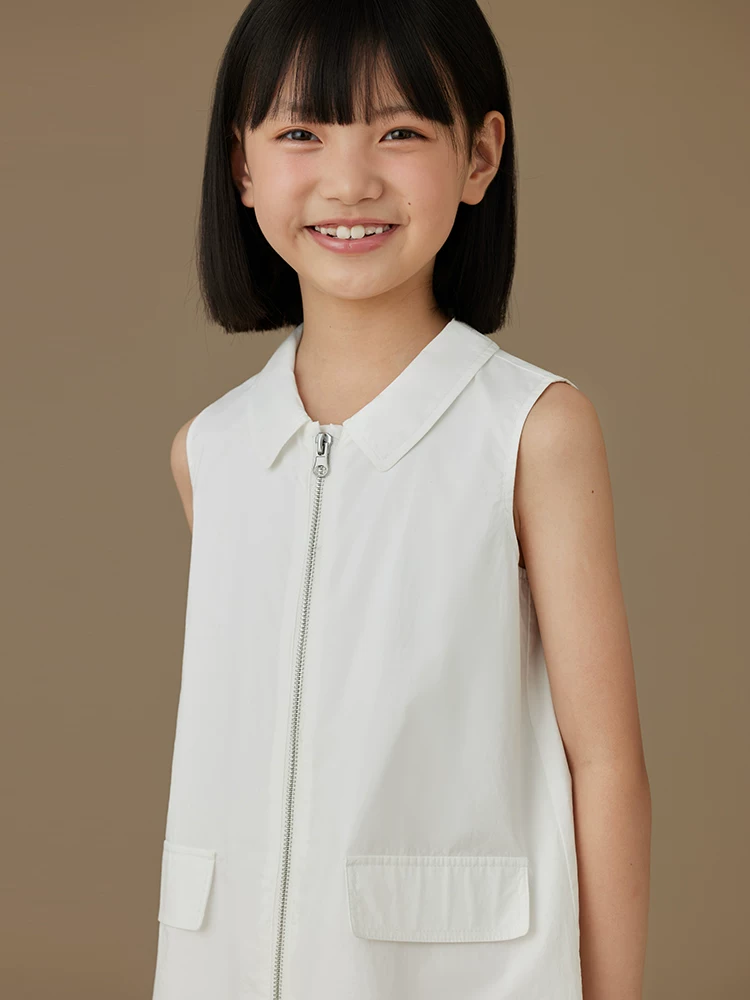 Váy vest trắng trẻ em, váy mùa hè có cổ Peter Pan và khóa kéo, váy nữ sinh phong cách học đường, váy nữ.