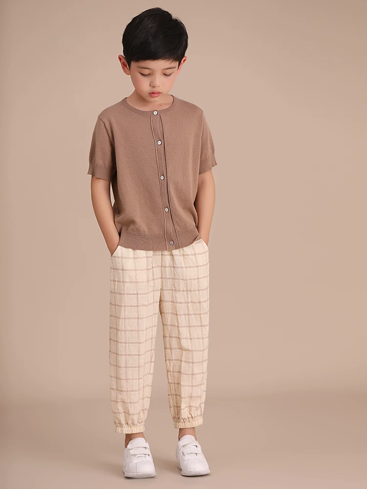 Quần áo trẻ em đầu thu hàng mới về trẻ em và cha mẹ mặc đồ rộng rãi đa năng lưng thun cotton nguyên chất quần kẻ sọc chống muỗi cho bé