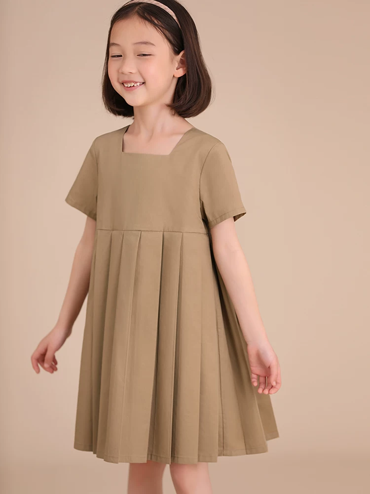 Quần áo trẻ em Ha Chi Bộ sưu tập mới Xuân/Hè Phong cách cha mẹ và con gái Cotton nguyên chất Thiết kế tinh tế Váy xếp ly tay ngắn cổ vuông thanh lịch
