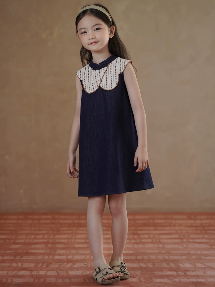 Váy mỏng mùa hè cho trẻ em, váy hai dây kiểu Trung Quốc mới, váy denim cho bé gái, váy chắp vá cổ điển cho bé gái.