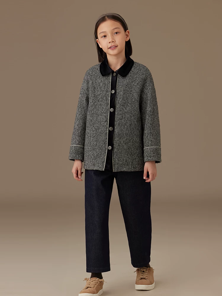 Quần áo mùa đông cho bé gái, áo khoác bông phối áo len kiểu Chanel, áo khoác len trẻ em phối màu, ấm áp và dày dặn.