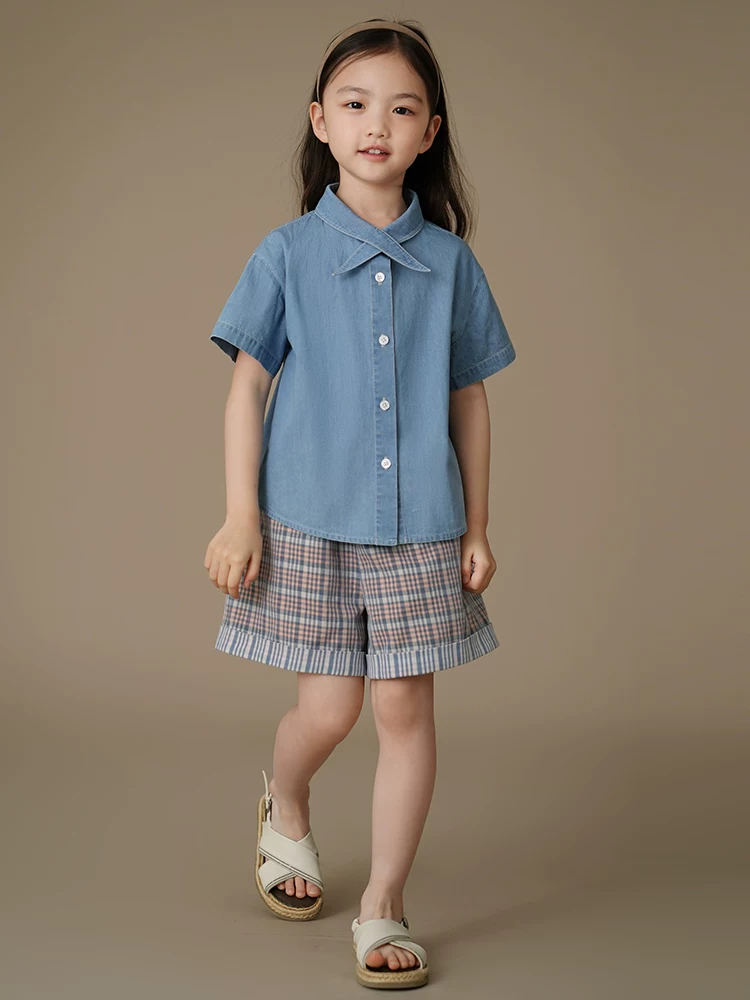 Quần áo trẻ em mùa hè 25 mẫu mới phong cách Hàn Quốc thiết kế rộng rãi áo thun ngắn tay áo sơ mi denim cho bé gái