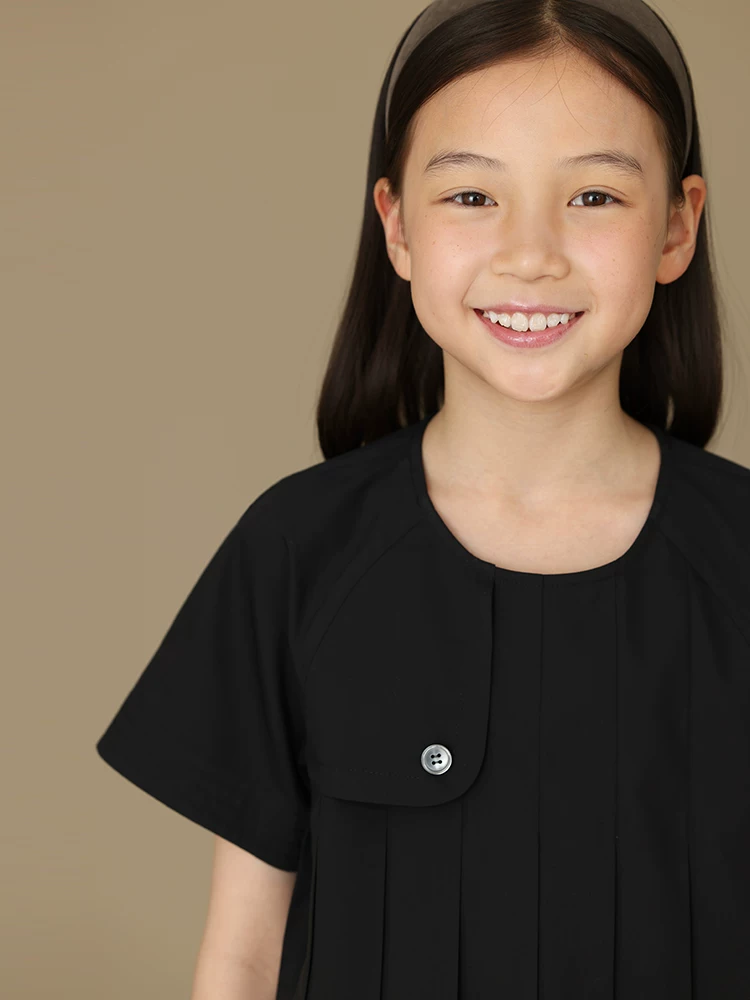 Quần áo trẻ em áo sơ mi ngắn tay màu đen đơn giản cao cấp dành cho trẻ lớn hơn bé gái mùa hè kiểu dáng mỏng