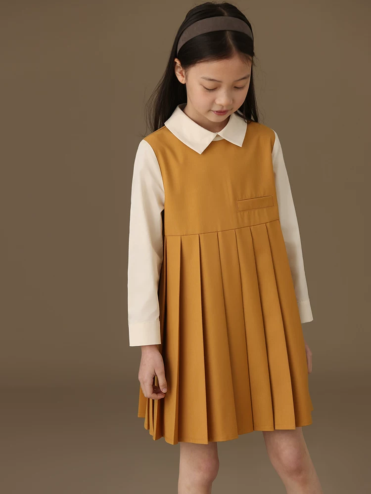 Váy áo thu đông trẻ em, kiểu dáng thanh lịch, chất liệu dày dặn, phong cách preppy, chân váy xếp ly, đầm dài tay mẹ và bé gái