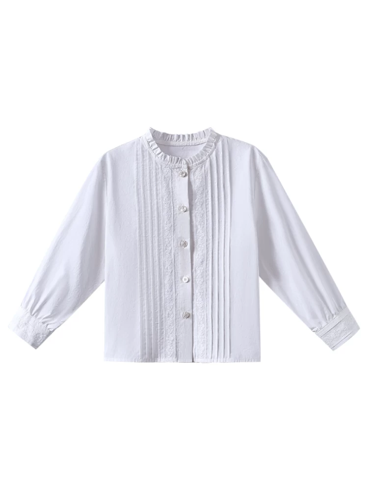 Quần áo trẻ em cho mùa xuân và mùa thu, áo ren nghệ thuật kiểu Pháp cho bé gái, áo trắng, áo cotton thân thiện với làn da cho trẻ lớn.