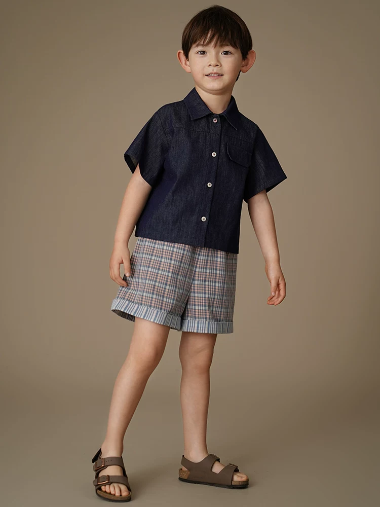 Quần ống rộng mùa hè dành cho trẻ em quần short denim kẻ sọc cổ điển dành cho bé trai và bé gái thường ngày đa năng
