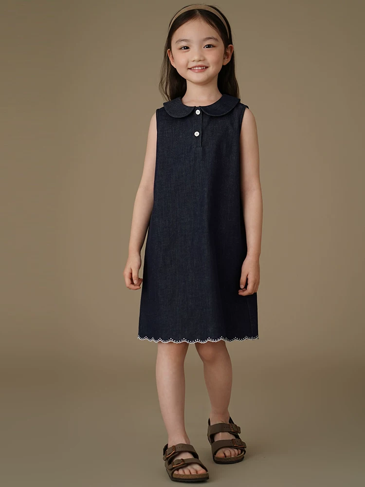 Váy liền thân không tay kiểu học sinh đơn giản cổ điển chất liệu denim dành cho bé gái lớn