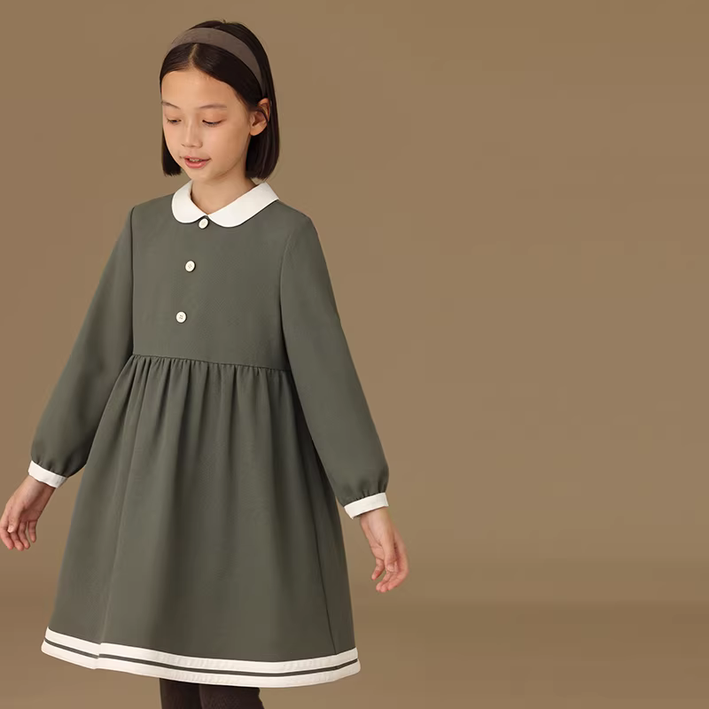Quần áo trẻ em cho trẻ lớn, váy thu đông, váy cổ phối màu tương phản, váy chữ A kiểu sườn xám cho bé gái mùa thu