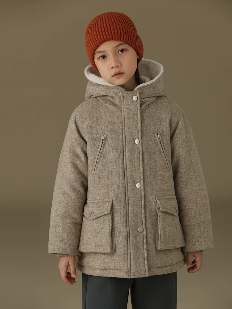 Áo khoác cotton có mũ dày cho trẻ em mùa thu đông, áo khoác len ấm áp cho trẻ lớn, áo khoác bông mùa đông.