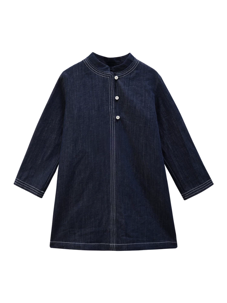 Váy denim trẻ em cho mùa xuân và mùa thu, phong cách đơn giản giản dị, váy dài tay kiểu Trung Quốc mới cho bé gái, bộ sưu tập mới mùa xuân 2025.