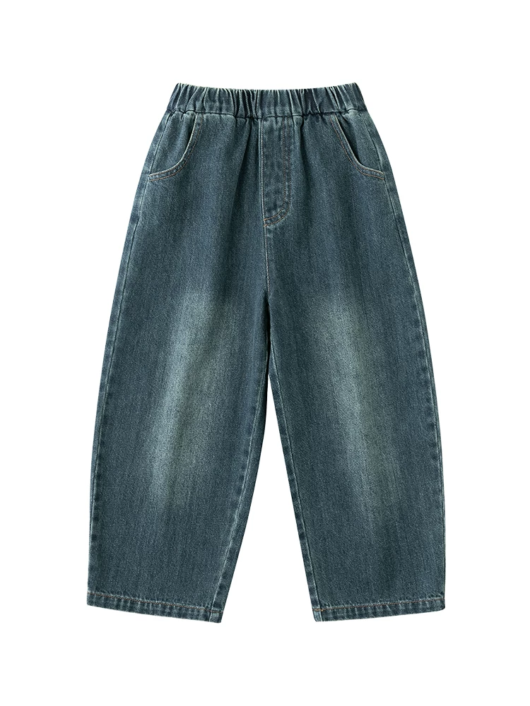 Quần áo trẻ em mùa xuân thu quần dài thường ngày đa năng quần denim rộng rãi đã qua xử lý giặt mềm mại dành cho bé trai và bé gái quần kiểu dáng thời trang cắt xéo