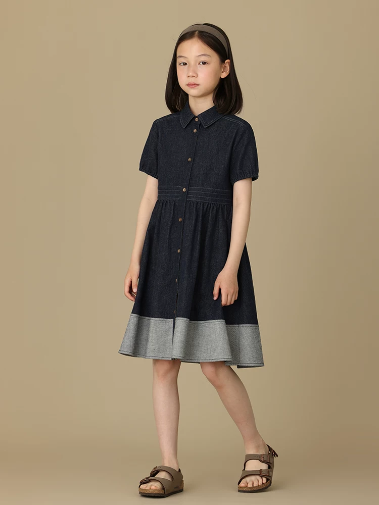 Quần áo trẻ em cotton mùa hè không phai màu, giặt được, váy xếp ly kiểu cha mẹ và con cái, váy denim phối màu giản dị cho bé gái.