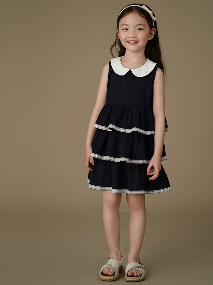 Quần áo trẻ em váy vest mùa hè có cổ búp bê, váy không tay cho bé gái, váy bánh ngọt có thiết kế, váy trang trọng.
