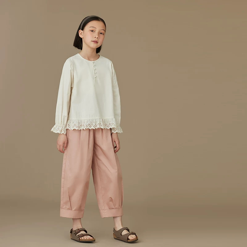 Quần Harem bé gái Harzhi Xuân Thu 2025 màu hồng, viền gấp, chất liệu cotton nguyên chất, thoải mái, kiểu dáng dài, quần cà rốt cho bé gái