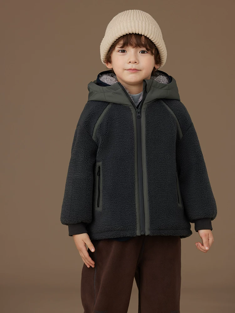 Quần áo cotton mùa đông cho trẻ em, dày dặn và ấm áp, áo lót lông cừu cho bé trai và bé gái, áo khoác có mũ trùm đầu bằng len cừu giả.