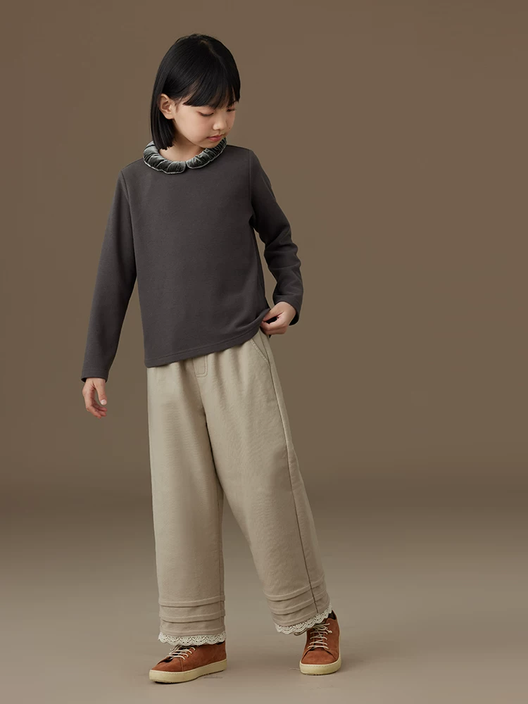 Quần dài kaki phối ren mùa thu đông cho bé gái, kiểu dáng đơn giản, quần thẳng