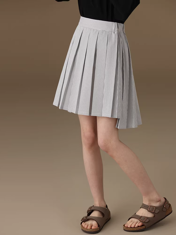 Váy nửa thân cho trẻ lớn, váy ngắn kẻ sọc dáng chữ A, váy xếp ly mùa hè phong cách giản dị cho bé gái với vẻ sang trọng.