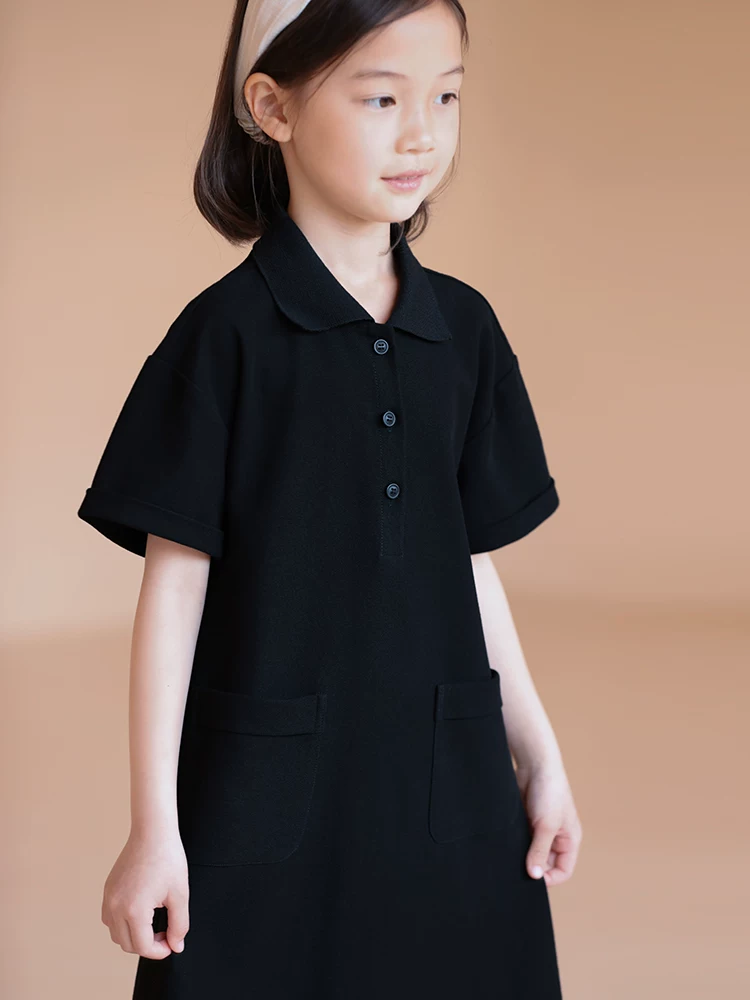 Váy POLO mùa hè cho bé gái, phong cách preppy, váy mùa hè ngắn tay có cổ, váy thẳng có túi lớn cho trẻ em