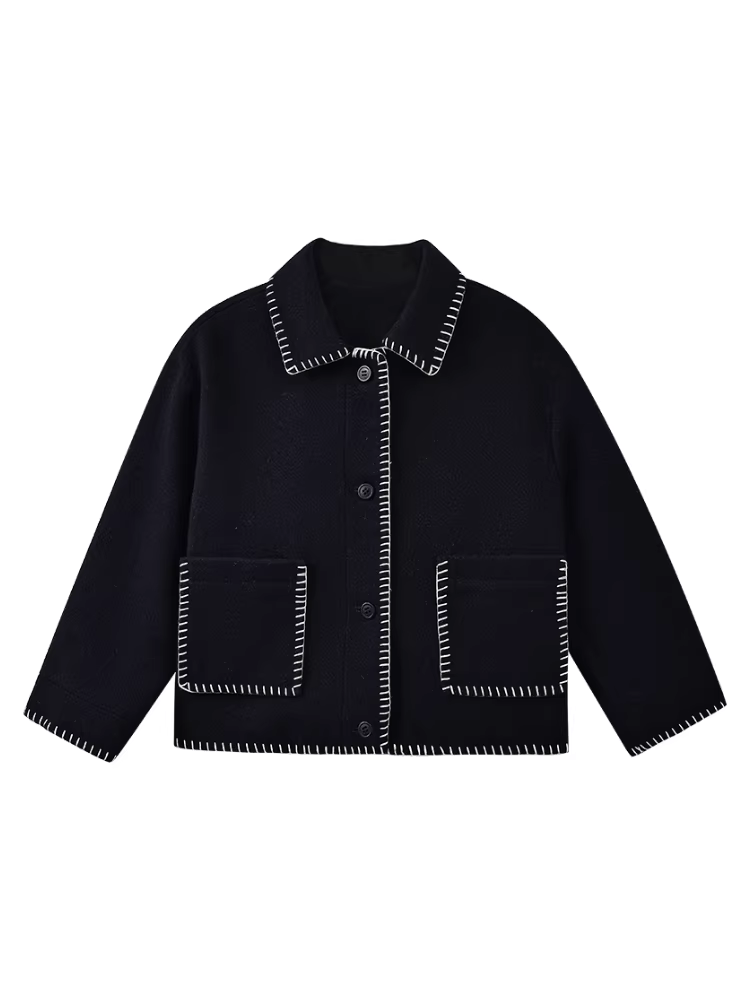 Quần áo trẻ em mùa thu đông áo khoác mới màu xanh hải quân áo khoác đi học bé trai và bé gái len mặc mùa thu đơn giản giản dị