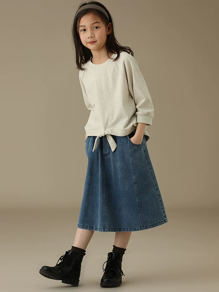 Quần áo trẻ em Hazi Xuân Thu Sản phẩm mới Váy chữ A denim có túi thun dành cho mẹ và con gái bằng cotton nguyên chất thân thiện với da