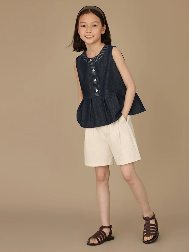 Quần áo trẻ em Hazi Sản phẩm mới: Quần short cotton-linen dáng rộng, thiết kế cạp lưng bán co giãn, một khuy, kiểu dáng thường ngày dành cho mẹ và bé gái mùa hè.