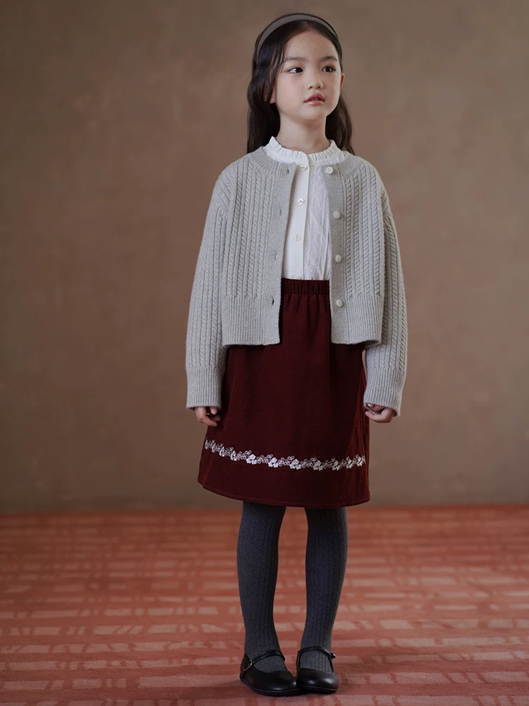 Váy nhung kẻ có thêu cho trẻ em, Váy cotton dài vừa phải cho bé gái, Quần áo mùa thu, Kiểu mới 25
