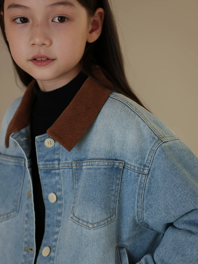 Áo khoác trẻ em mùa xuân thu chất liệu cotton kiểu retro, dáng rộng, phong cách thường ngày, dành cho bé trai và bé gái, phối màu denim.