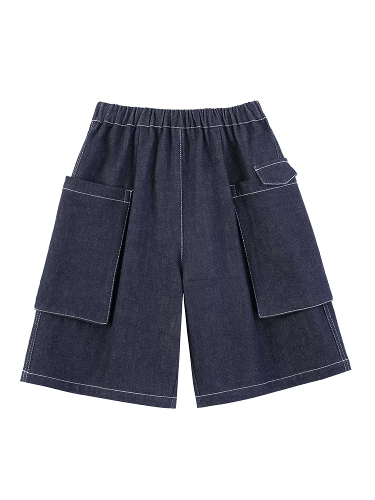 Quần short denim trẻ em mùa hè mỏng năm phần có túi lớn quần cotton ống rộng thông thường cho bé trai và bé gái