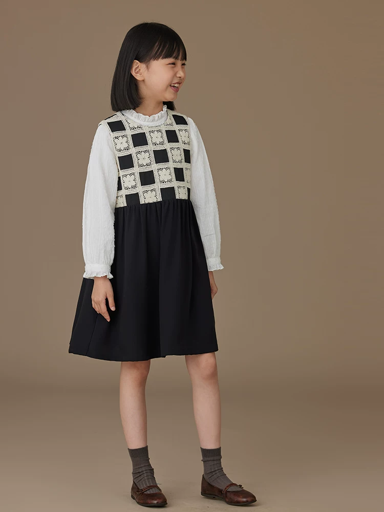 Quần áo trẻ em Ha Chi Váy vest thêu xuân thu Váy kẻ caro màu sắc phối hợp thanh lịch dành cho bé gái lớn hơn
